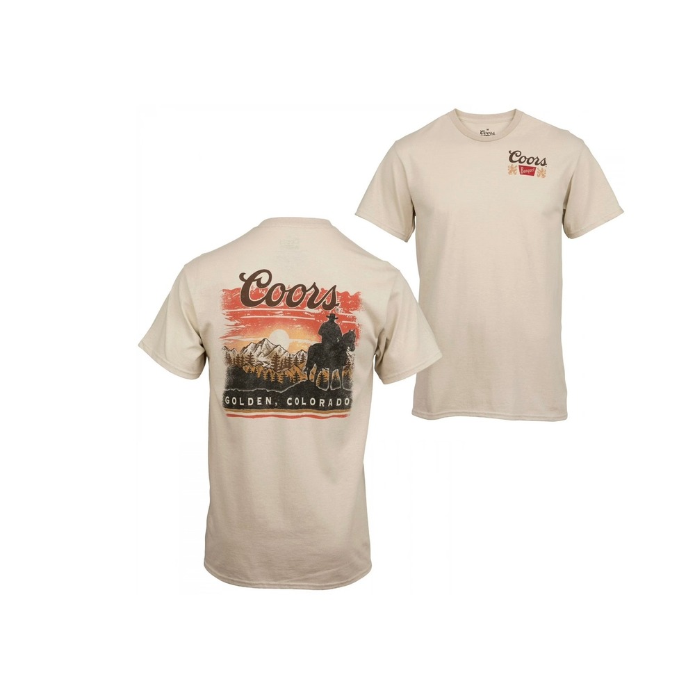 Coors Banquet Beer Graphic T-Shirt Mens XL Tan Golden Colorado Cowboy Horseback